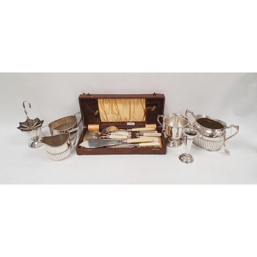 337 - Silver plated three-branch candelabra, a large silver plated chamberstick and various other items