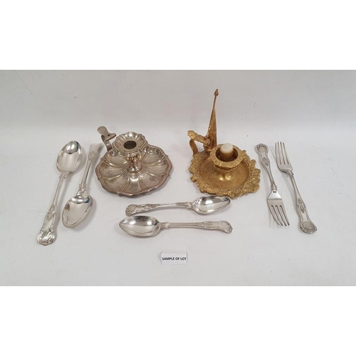 340 - A quantity of silver plated flatware, teaspoons, a silver plated chamberstick and another gilt colou... 