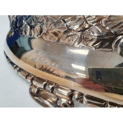 343 - A 20th century Danish silver plated and glass centrepiece, silver plated two handled base with oval ... 