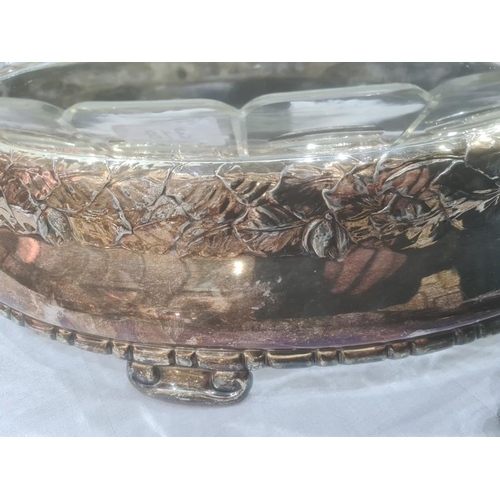 343 - A 20th century Danish silver plated and glass centrepiece, silver plated two handled base with oval ... 