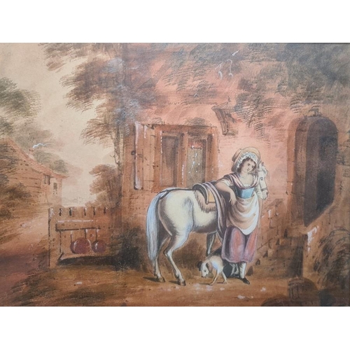 352 - Pair of late Georgian small watercolour on print pictures, boy and girl with donkey and pony, 16cm x... 