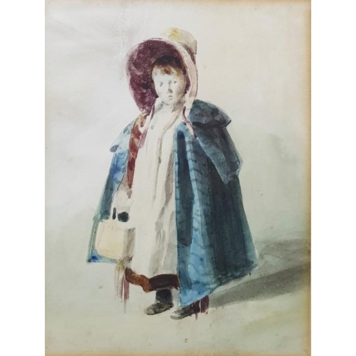 378 - 19th century 
 Watercolour
 Study of young girl in cape and bonnet, 15cm x 12cm 
 Pen, ink and water... 