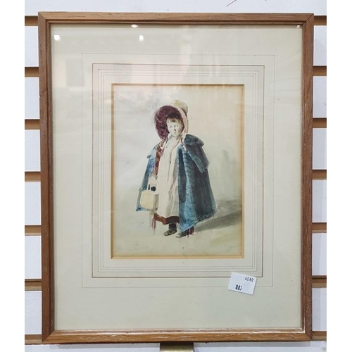 378 - 19th century 
 Watercolour
 Study of young girl in cape and bonnet, 15cm x 12cm 
 Pen, ink and water... 