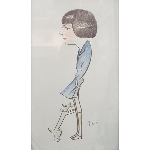 380 - Belat(?) (mid 20th century) 
 Pair crayon caricatures 
 Dog-walking couple, signed, 48cm x 28cm (2)