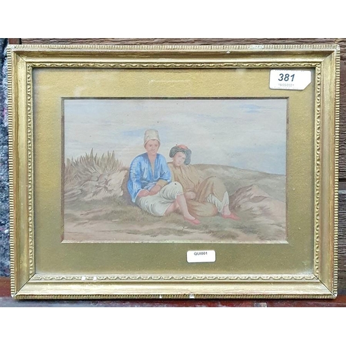 381 - 19th century school
 Watercolour drawing
 Two Middle Eastern figures seated on dunes, 13cm x 20cm