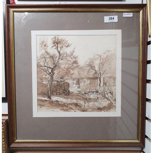 384 - E Payne 
 Watercolour drawing 
 Figure at work beside farm building, en grisaille, signed and dated ... 