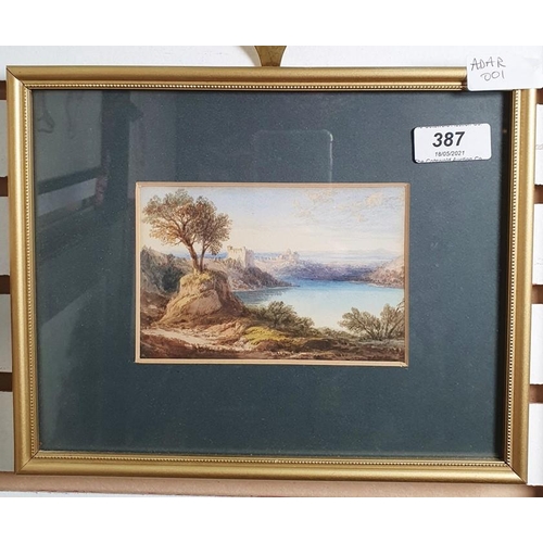 387 - 19th century school
 Watercolour drawing
 Mediterranean lakeside landscape with buildings on hills b... 