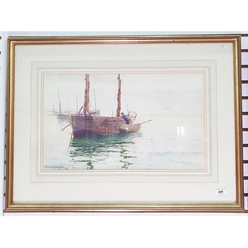 388 - G B P S Lillingston (fl.1871-1899) 
 Watercolour drawing
 Moored sailing boat with two men in dinghy... 