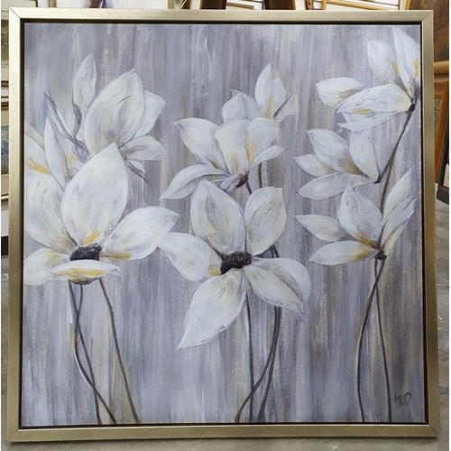 431 - Contemporary textured print, flower scene in white and silver 91cm x 91cm