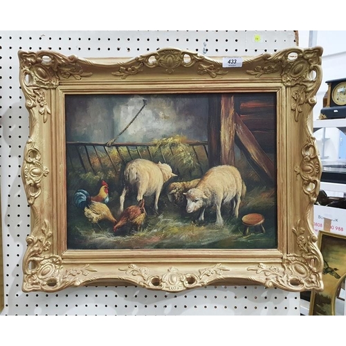 433 - French School (early 20th century)
  Oil on canvas
 Farm scene with sheep and chickens, signed indis... 