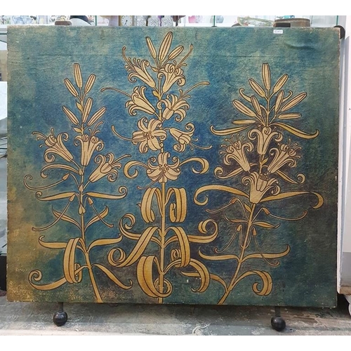 448 - Arts & Crafts/ Aesthetic Movement painting on canvas screen, circa 1880,
 William Morris-style flora... 