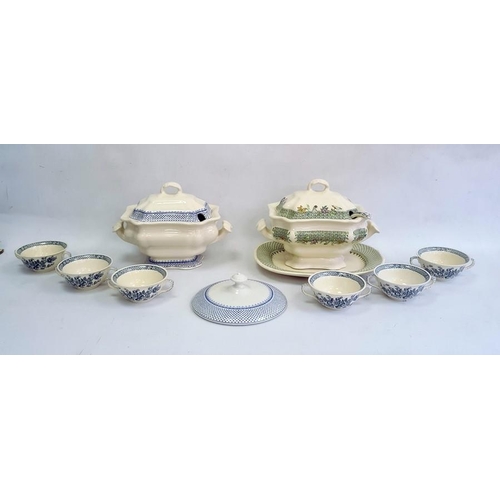 45 - Large Masons two-handled soup tureen and cover with blue border, a set of six two-handled soup bowls... 