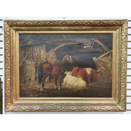 454 - British School (19th century)
  Oil on canvas
 Farm barn with horse, cattle and chickens, signed ind... 