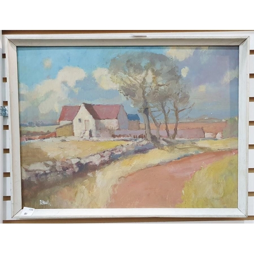 455 - British school (20th century) 
 Oil on board
 Farmstead with trees, signed indistinctly lower left, ... 