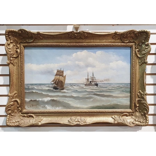 457 - C.E.Benington (19th century) 
 Oil on canvas
 Ships at sea
 Signed and dated lower left 1896
 29.5cm... 