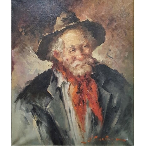 468 - Early 20th century school
 Oil on canvas
 Head and shoulders portrait of a man in hat and red scarf
... 