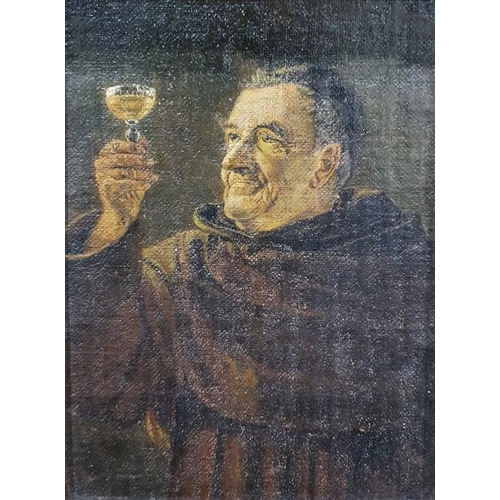 470 - 20th century school
 Oil on board
 A monk holding a glass of wine/mead
 Unsigned
 23cmx 17cm