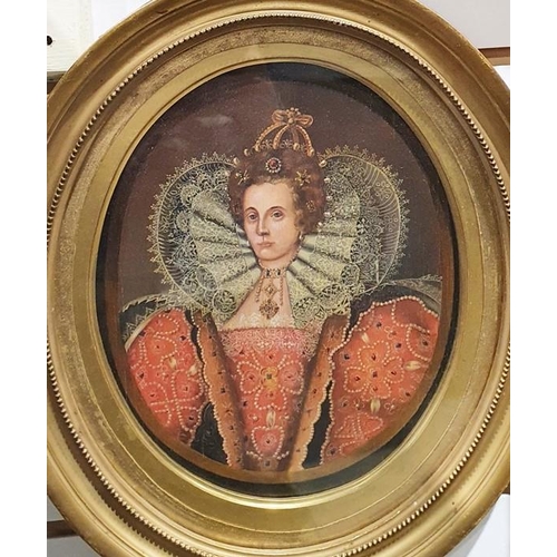 476 - 20th century school
 Oil on panel
 Oval half length portrait of Elizabeth I
 Unsigned
 24cm x 20cm