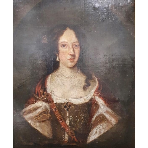 479 - 19th century school
 Oil on canvas
 Half length portrait of a lady wearing pearls, in red and white ... 