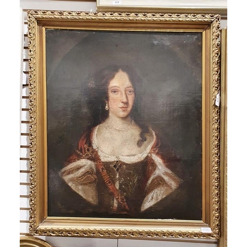 479 - 19th century school
 Oil on canvas
 Half length portrait of a lady wearing pearls, in red and white ... 