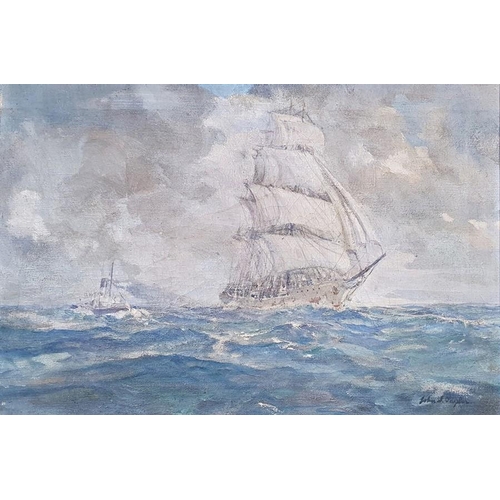 482 - English school (19th/early 20th century)
 Oil on canvas
 Ship in full sail and a funnel tug boat at ... 