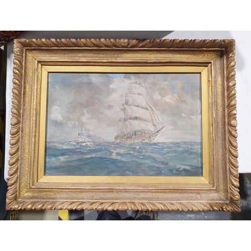 482 - English school (19th/early 20th century)
 Oil on canvas
 Ship in full sail and a funnel tug boat at ... 