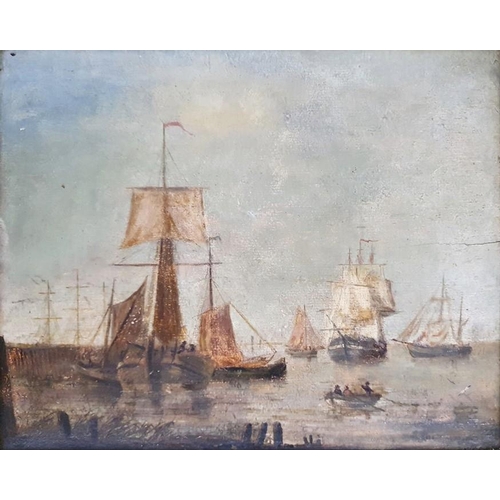 483 - 19th century school
 Oil on panel 
 Ships at harbourside with figures in a rowing boat
 Unsigned 
 2... 