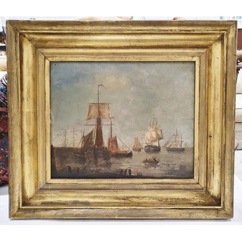 483 - 19th century school
 Oil on panel 
 Ships at harbourside with figures in a rowing boat
 Unsigned 
 2... 