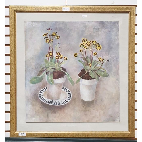 487 - T. Newcomb (Contemporary)
 Oil on board
 'Primula Veris Gold Lace'
 Initialled lower right and signe... 