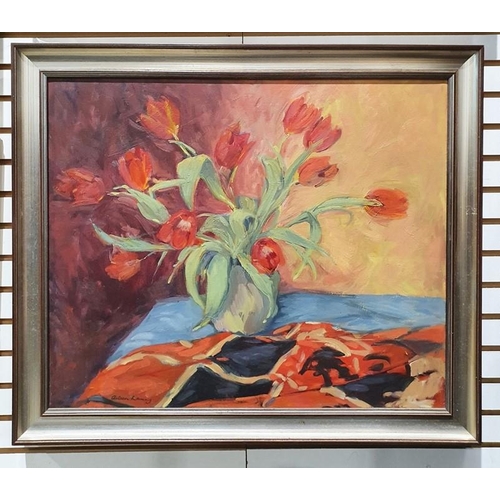 489 - Aileen M Laming (20th century)
 Oil on canvas
 'Tulips'
 Signed lower left
 50cm x 60.5cm