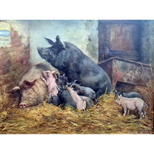 491 - William Weekes (1856-1909)
 Oil on canvas
 Pigs and piglets in barn, signed lower right 'W. Weekes' ... 