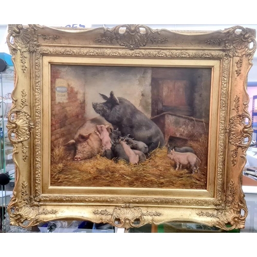 491 - William Weekes (1856-1909)
 Oil on canvas
 Pigs and piglets in barn, signed lower right 'W. Weekes' ... 