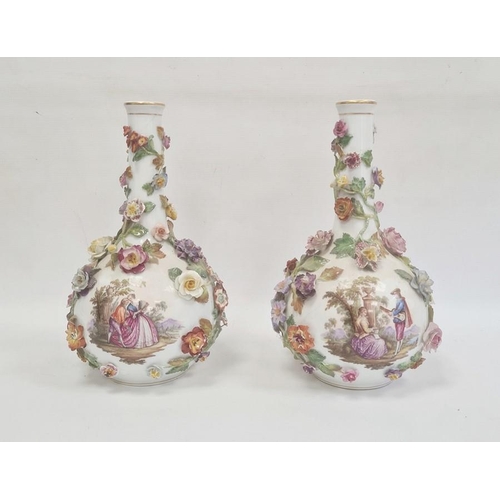 56 - Pair of Dresden bottle vases, circa 1900, printed AR Dresden marks, painted with scenes of lovers in... 