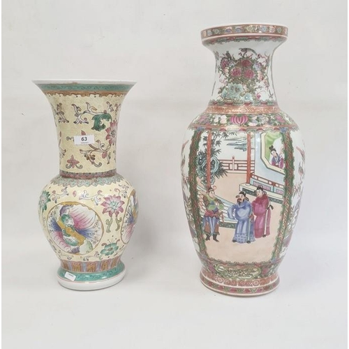 63 - Two Chinese porcelain vases, 20th century, red character marks, the first Cantonese painted with pan... 