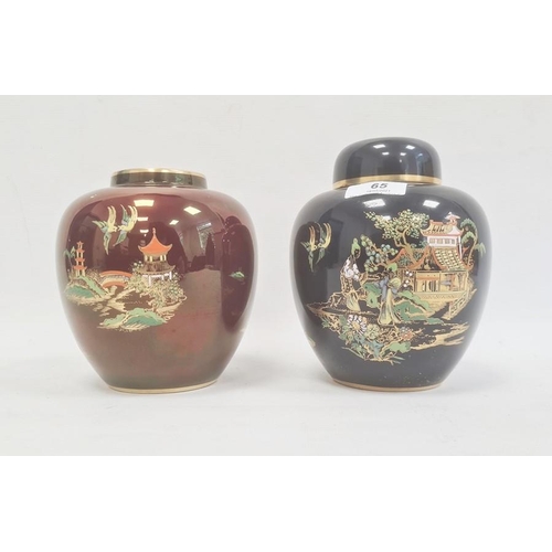 65 - Two Carltonware ginger jars and a cover, printed marks, the first painted on powdered dark blue grou... 