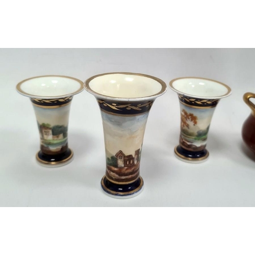 88 - Garniture of three English porcelain blue ground spill vases, circa 1820 painted with a continuous l... 