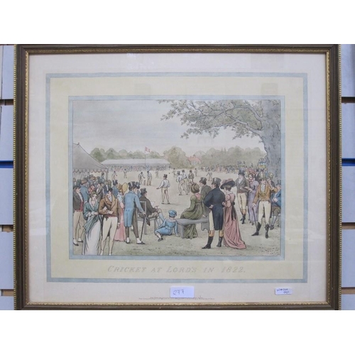 277 - Cricketing interest prints to include 'Famous English Cricketing 1880', 'Cricket at Lords in 1822', ... 