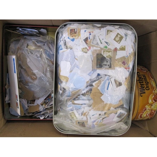 310 - One box and contents of tins containing assorted stamps