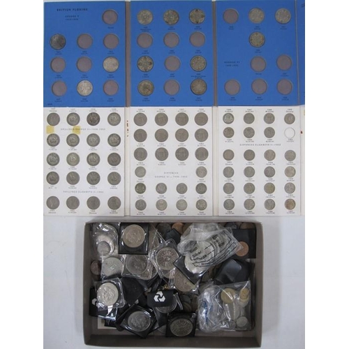 337 - Box of English and foreign coins including Whittan folders, some silver, not complete pre-'47 (1 box... 