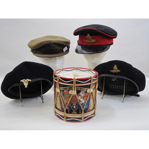 398 - Officer's 1949 patent battle dress uniform with belt, two caps, two berets, leather sword cover and ... 