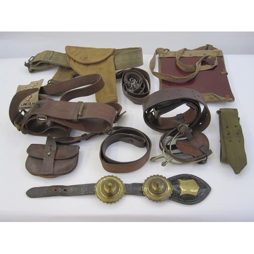 399 - WWII Captain's uniform with badges and leather Sam Brown, officer's cap with Lincolnshire Regiment b... 