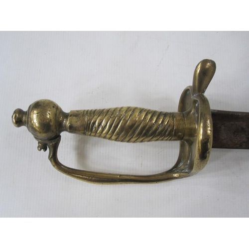 400 - Pair of brass handled swords with reeded grip and heart shaped guard (unmarked)