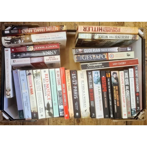 52 - Militaria, three boxes of books and DVDs on the subject of war, to include Burt & Leasor 