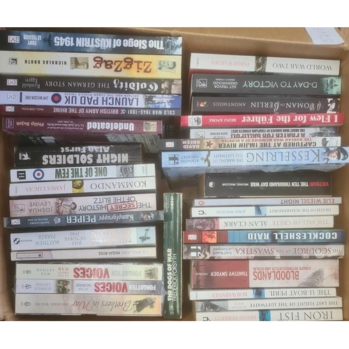 52 - Militaria, three boxes of books and DVDs on the subject of war, to include Burt & Leasor 