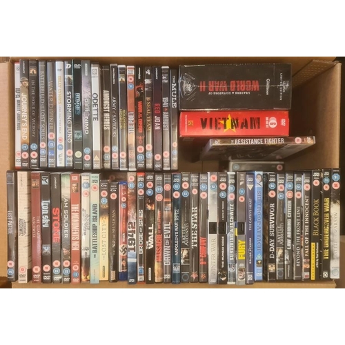 52 - Militaria, three boxes of books and DVDs on the subject of war, to include Burt & Leasor 