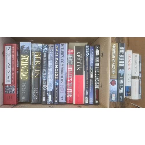 53 - Militairia, four boxes of books and DVDs on the subject of war, including WWII, to include Geoffrey ... 