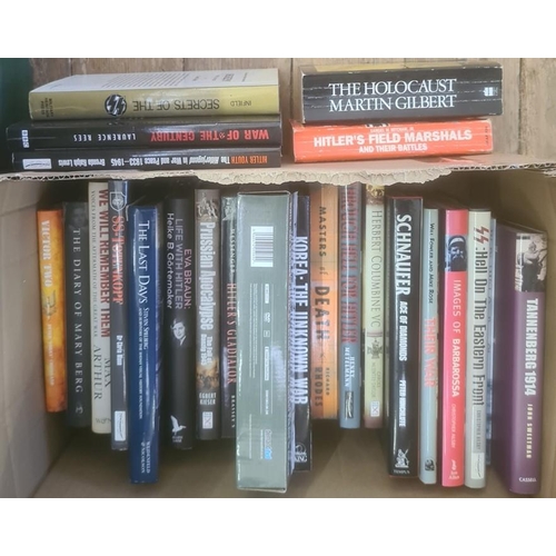 56 - Militaria, three boxes of books mainly on the subject of WWII, including Tim Bean and Will Fowler 