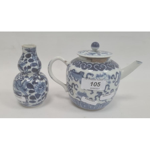 105 - Chinese porcelain teapot, bulbous and decorated in blue with precious objects, 11cm high (repaired t... 