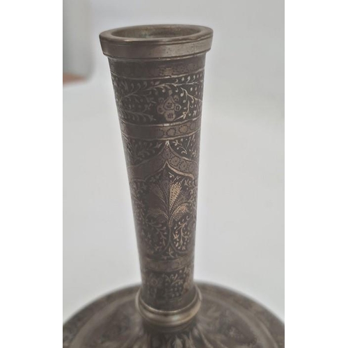 111 - Persian silver and copper inlaid bottle vase with all-over formal foliate and anthemion decoration o... 