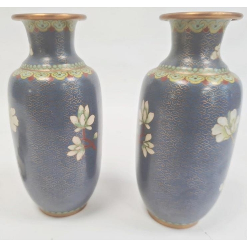 114 - Pair Japanese cloisonné enamel vases of rouleau form, flowering peony on a blue enamel and cloud scr... 